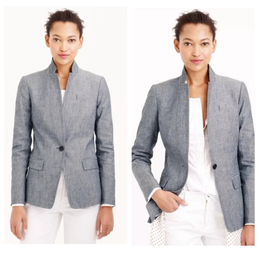LIKE NEW J. Crew Regent Chambray Cotton Suit Jacket Blazer Coat 2 TALL